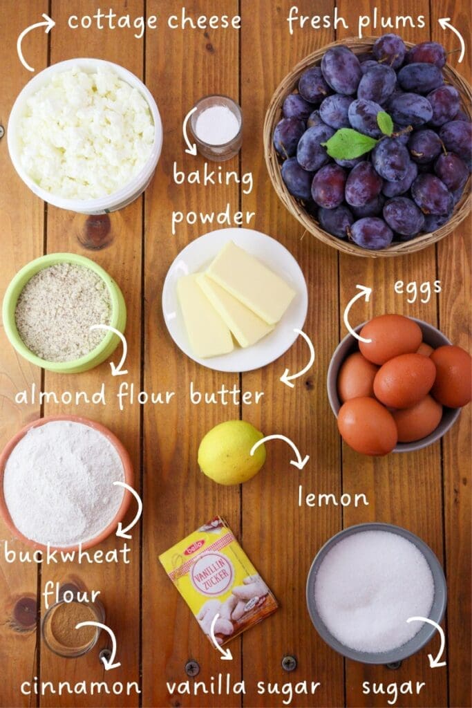 Image of plum cheesecake ingredients gathered for baking